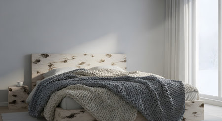 (3101) showing cozy bedroom with birch wood bed frame and chunky knit blankets on a snowy day....