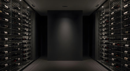 Dark showing dark and moody wine cellar with extensive racks of wine bottles and a central dark...