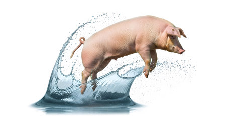 A light pink pig is captured in motion, jumping through a large, dynamic water splash on a white...の写真素材