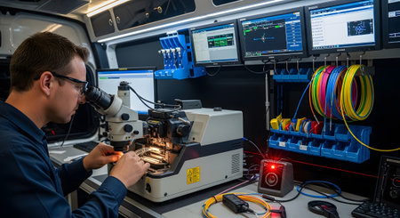 An engineer in safety glasses works with a microscope and fiber optic cables amidst monitors and...の写真素材