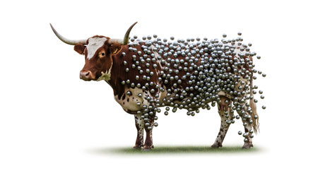(4294) showing brown and white longhorn cow disintegrating into metallic spheres on a white...の写真素材