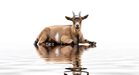 A brown and white goat lies down in water, its reflection visible with distinct concentric ripples.の写真素材