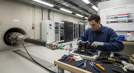 An engineer wearing glasses and gloves works on complex electronic equipment with tools laid out.
