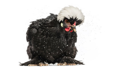 Chicken showing black chicken with white crest shaking water droplets on white background.