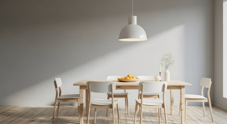 Fruit showing bright dining room with wooden table, white chairs, and fruit bowl.