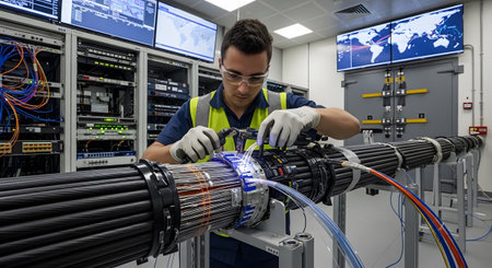 An engineer in safety gear meticulously works on a large submarine communication cable with...