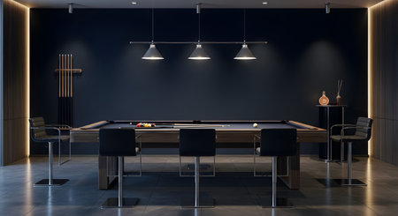 Billiard showing billiard room with dark walls and bar seating. resolution