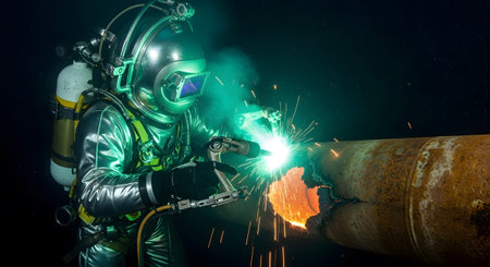 A diver in a metallic suit welds an underwater pipe, illuminated by bright green welding light.