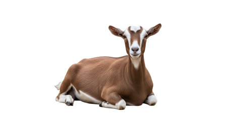 A brown goat with white markings on its face and legs lies down on a white background....の写真素材