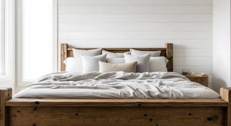 A rustic wooden bed is covered in soft grey and white linens with many pillows in a bright room.の写真素材