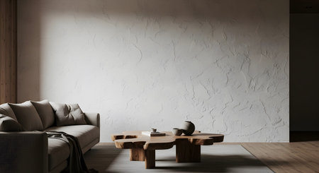Textured showing cozy living room with textured wall, sofa, and organic shaped wooden coffee...