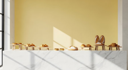 Baked showing assortment of freshly baked bread and pastries displayed on wooden stands on a...