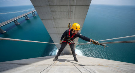 A worker in a yellow helmet and safety harness rappels down a tall concrete bridge pylon above a...の写真素材