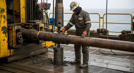 Worker showing worker operating heavy machinery on an oil rig with large pipes. resolution...