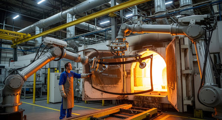 Setting showing worker observing robotic arms in a factory setting heating a glass component in...