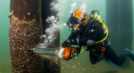 Diver showing underwater diver using a chainsaw to cut a barnacle-covered wooden pier piling....