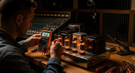 Recording showing technician tests vintage audio amplifier tubes with multimeter in recording...