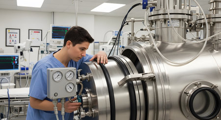 A young person in blue scrubs adjusts a dial on a large, complex stainless steel scientific...