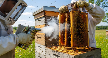 showing two beekeepers working with beehives and honeycombs in a sunny field.の写真素材