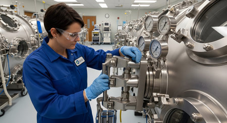 Gauges showing woman technician working on advanced pharmaceutical fermentation equipment with...