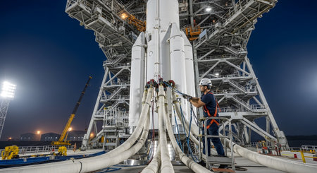 A technician in a safety harness connects thick cables to a large white rocket on a launch pad...