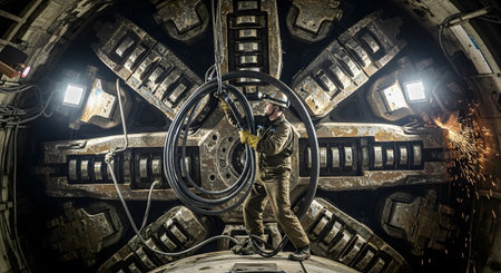 Worker showing worker operates heavy machinery inside a tunnel boring machine during......