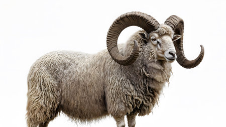 A light brown ram with dense, curly wool and large, curved horns stands in profile against a...