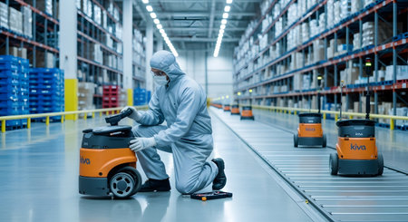 Worker showing warehouse worker in protective suit inspects orange automated robot in large...