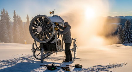 A man works on a large snow cannon in a snowy mountain setting with trees and a bright sunset...