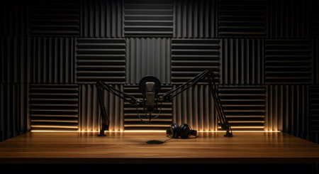 A recording studio acoustic foam panels, a microphone on a boom arm, and headphones on a wooden...