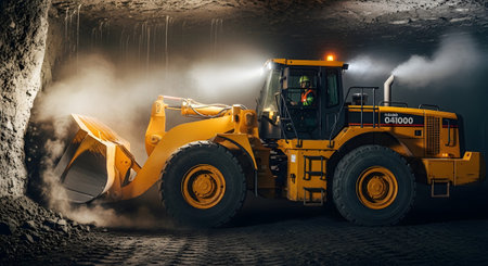 A yellow wheel loader excavates dirt in a dark underground mine, its headlights cutting through...