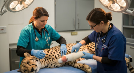 Two veterinarians in scrubs and gloves bandaging the leg of a cheetah on an examination table.