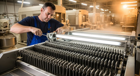 Complex showing man in blue overalls working on a complex industrial machine with rows of metal...