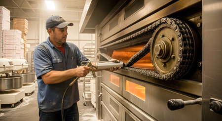 Maintaining showing male worker maintaining industrial pizza oven conveyor chain with spray gun...