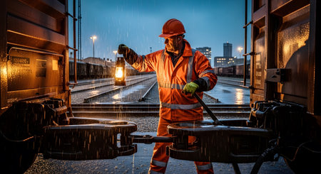 A man in an orange uniform holding a lantern inspects train couplings in the rain at night.