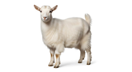 With showing young white goat standing facing forward on white background with light brown...の写真素材