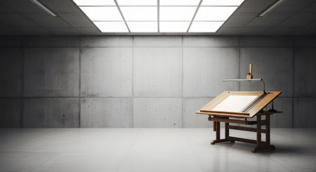 Lamp showing wooden drafting table with paper and lamp in empty concrete room with overhead...