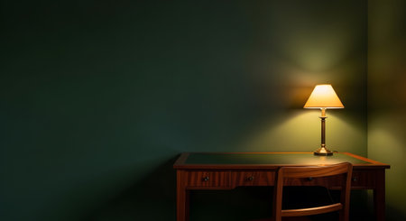 Lamp showing wooden desk with a lamp and chair in a dark room with a green wall and wooden...