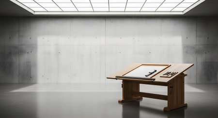 (4135) showing wooden drafting table with tools in a minimalist concrete studio with skylight....