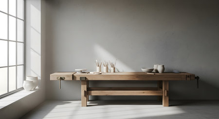 A wooden workbench sits in a minimalist pottery studio, bathed in natural light from a large...