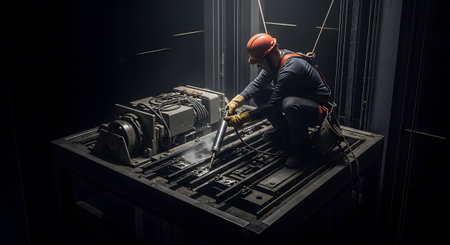 A mechanic in a hard hat and harness works on elevator machinery in a dimly lit shaft....