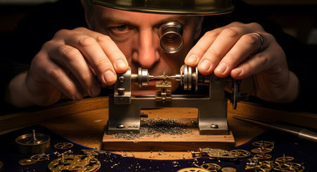 A watchmaker intensely focuses on assembling tiny gears and parts of a clockwork mechanism with...
