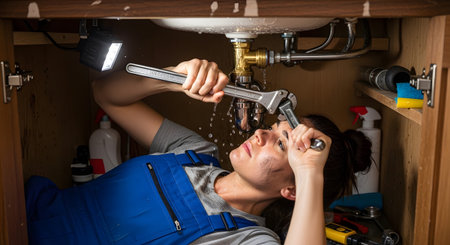 A woman in blue overalls tightens pipes under a sink with a wrench as water sprays out....