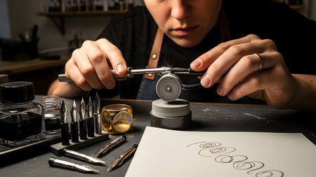 A close up shot of a person using a metal nib pen to write cursive script on white paper.