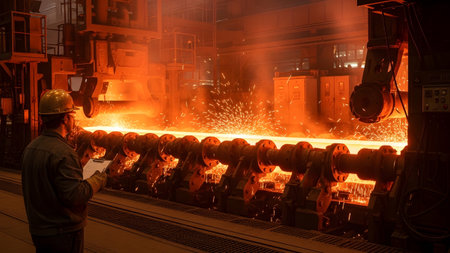 A worker stands by a heavy machine watching a bright glowing steel beam move along the rollers.