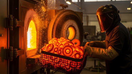 A factory worker uses a long tool to pull a basket of red hot metal gears from a burning furnace.