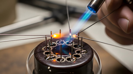 A close up view a blue flame torch soldering thin metal wires onto a small circular component.