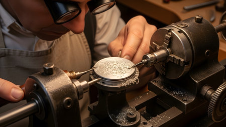 A focused watchmaker uses a lathe machine to carve intricate patterns into a small metal dial.