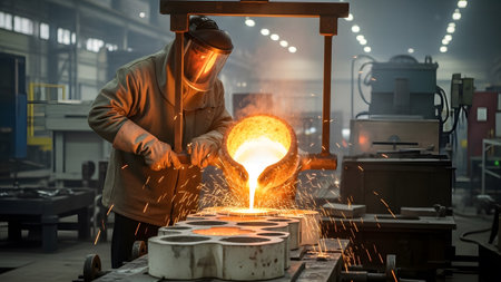 A worker in a protective suit pours glowing molten metal into a sand mold inside a large factory.