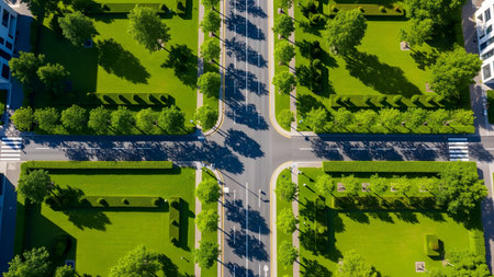 An aerial perspective a road intersection framed by perfectly manicured lawns and green trees.